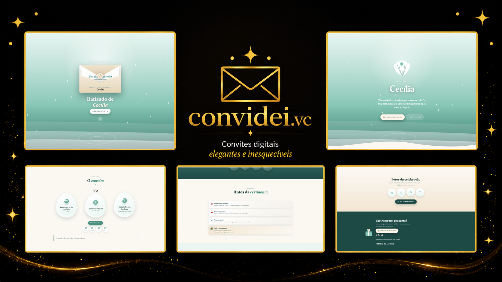 Telas do convite Águas de Bênção — envelope, convite, avisos e galeria