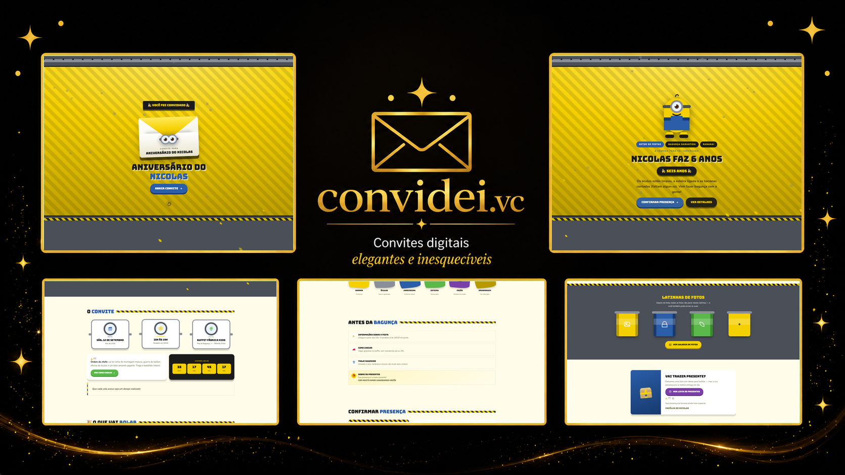 Telas do convite Ajudantes Amarelos — envelope, convite, avisos e galeria