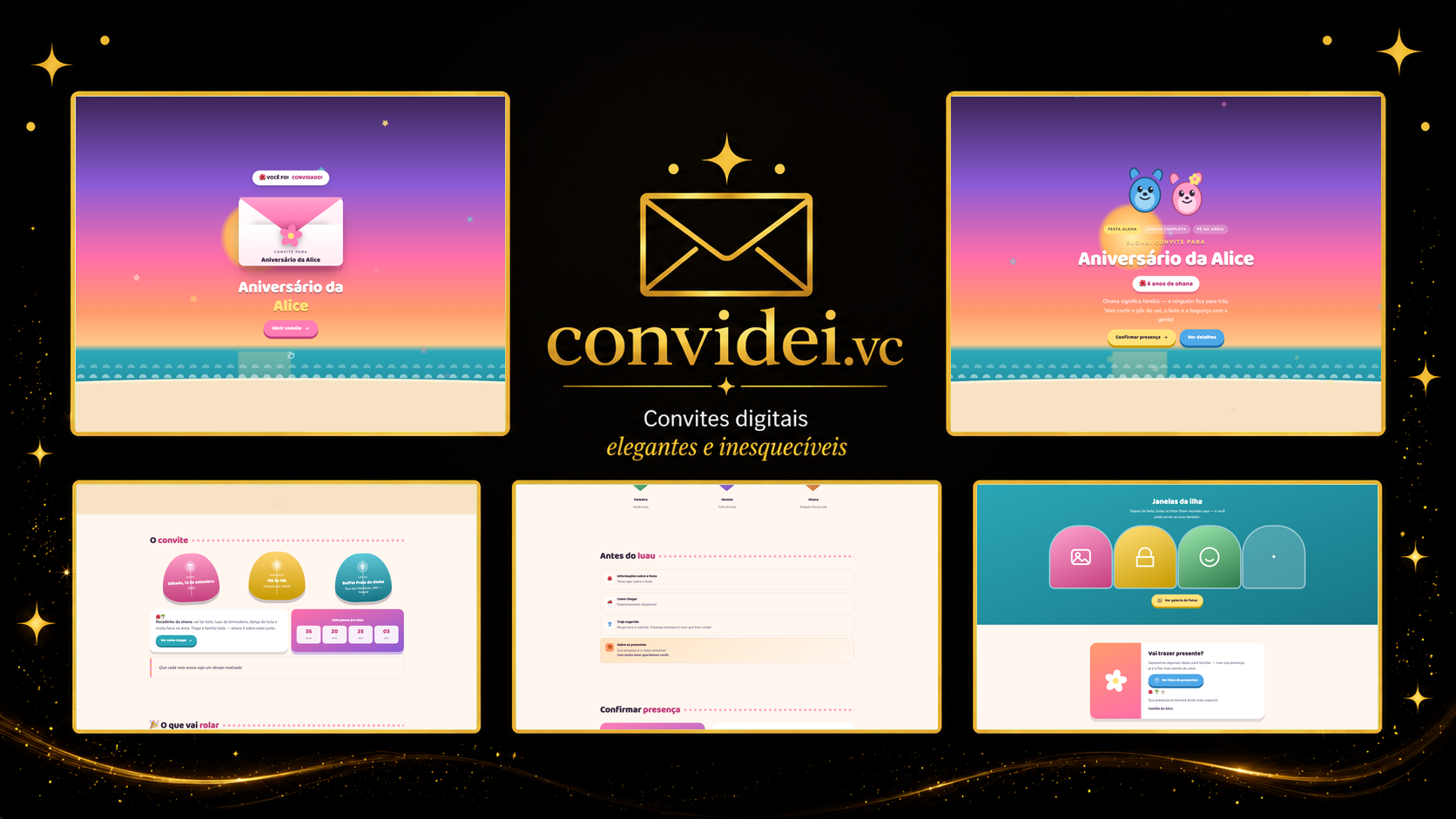 Telas do convite Amigo Azul do Espaço — envelope, convite, avisos e galeria
