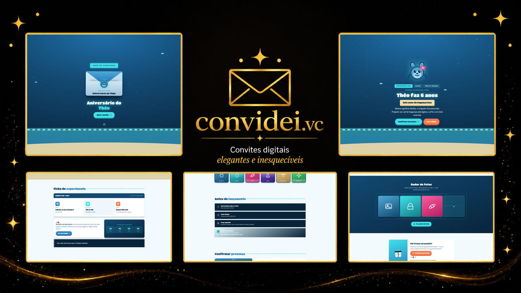 Telas do convite Amigo Azul — envelope, convite, avisos e galeria