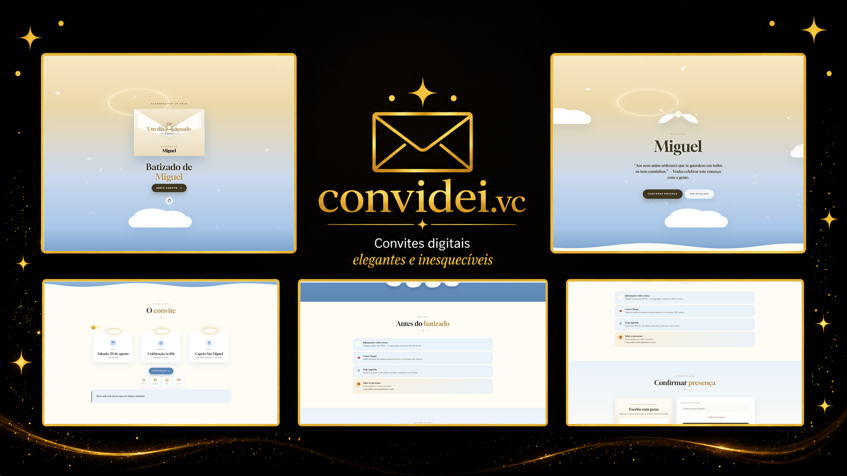 Telas do convite Anjinho da Guarda — envelope, convite, avisos e galeria