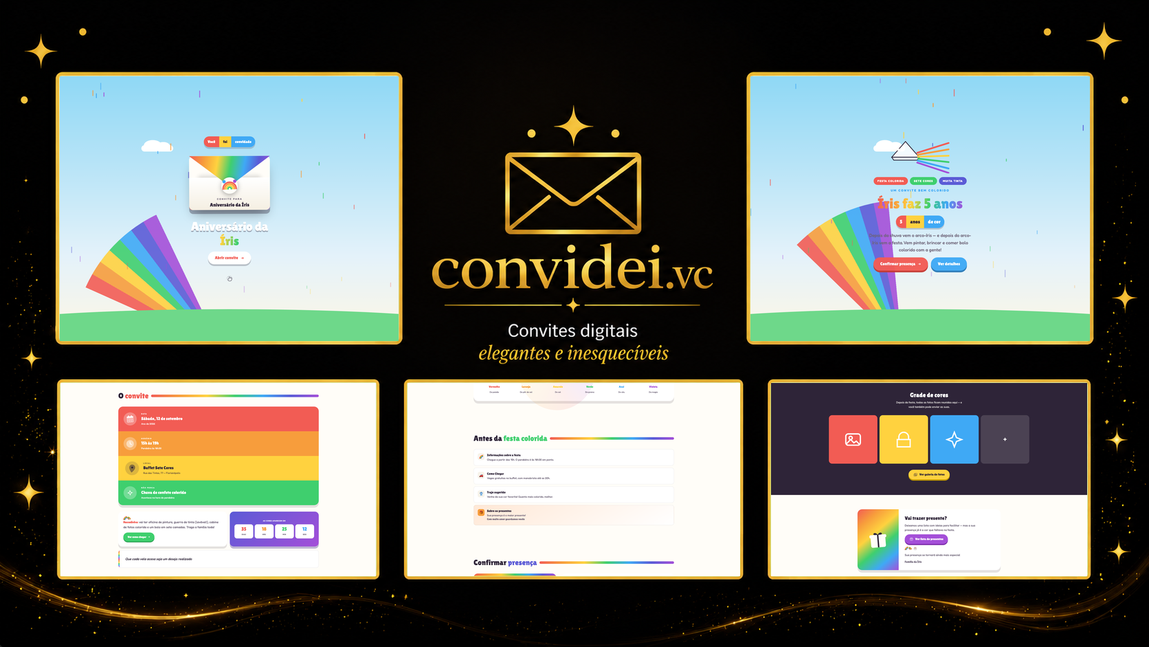 Telas do convite Arco-íris — envelope, convite, avisos e galeria