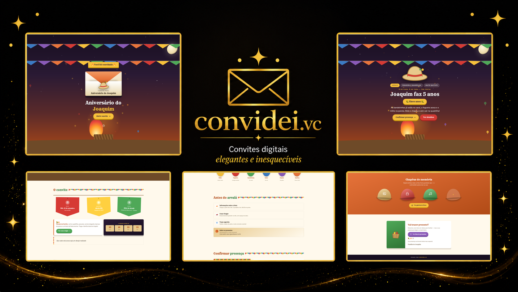 Telas do convite Arraiá Junino — envelope, convite, avisos e galeria