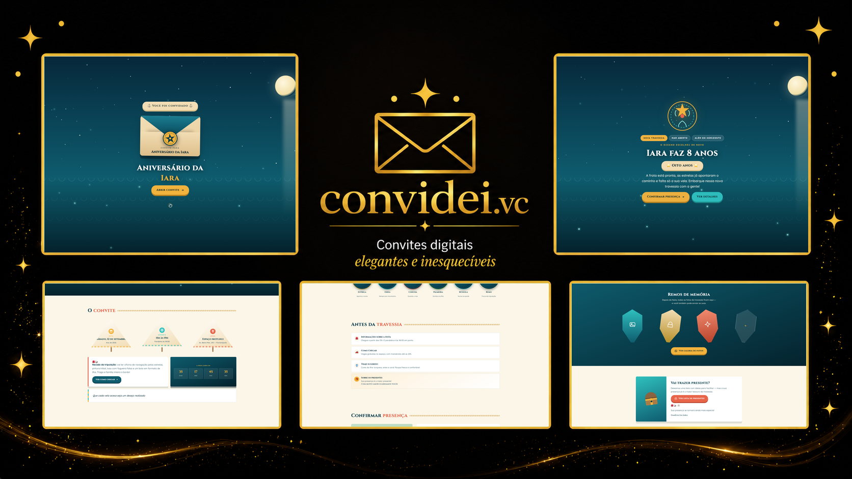 Telas do convite Aventura no Oceano 2 — envelope, convite, avisos e galeria