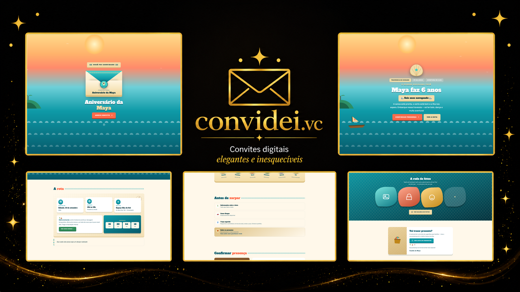 Telas do convite Aventura no Oceano — envelope, convite, avisos e galeria