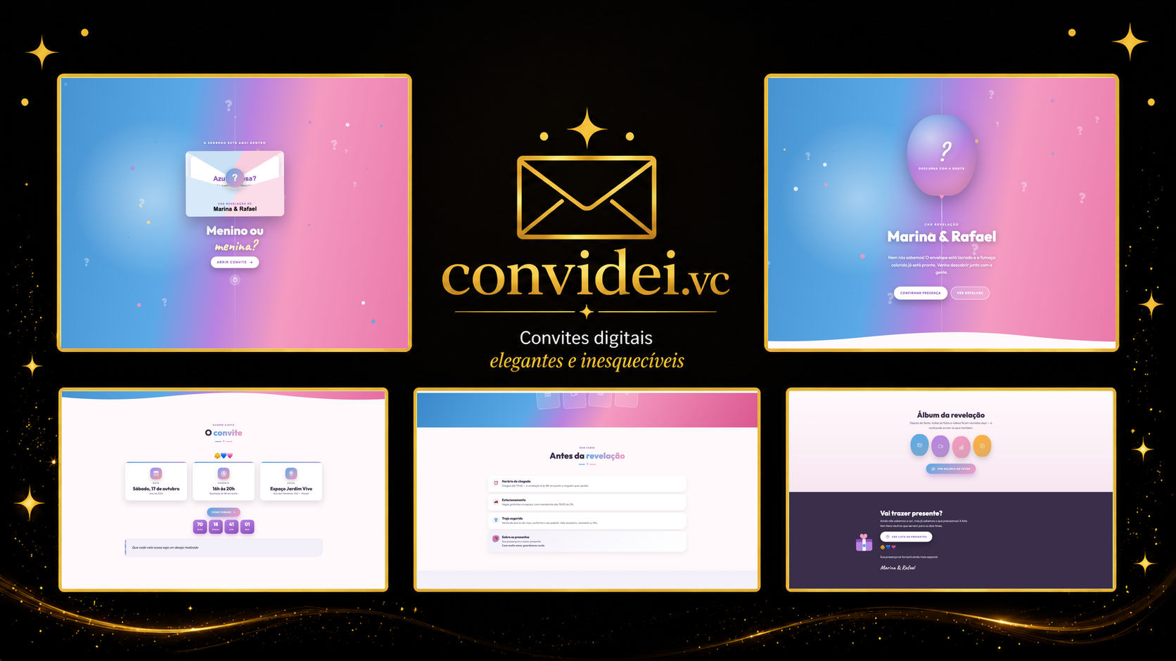Telas do convite Azul ou Rosa? — envelope, convite, avisos e galeria