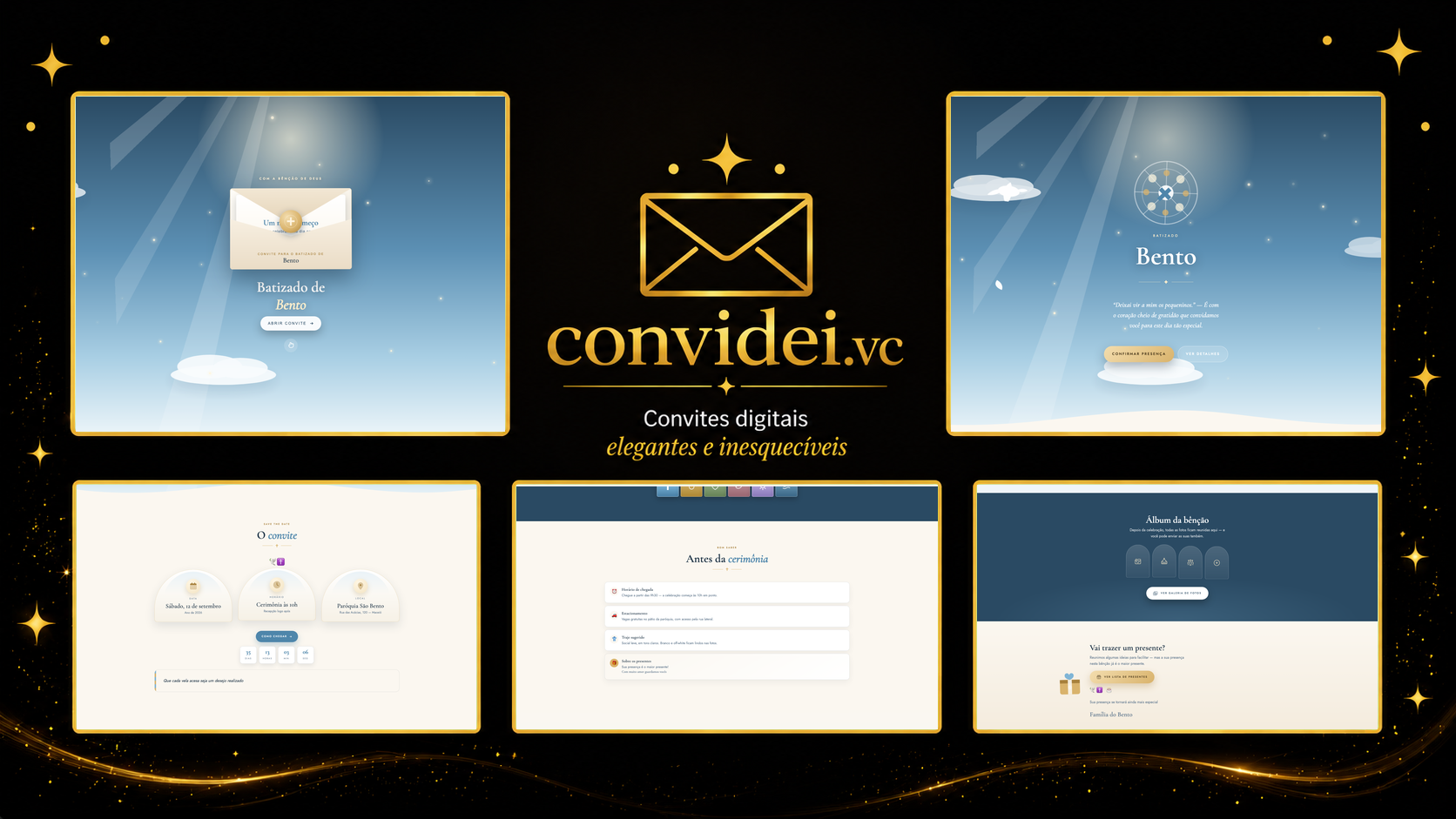 Telas do convite Bênção Celeste — envelope, convite, avisos e galeria