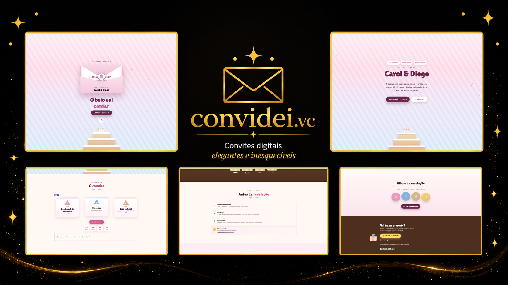 Telas do convite Bolo Surpresa — envelope, convite, avisos e galeria