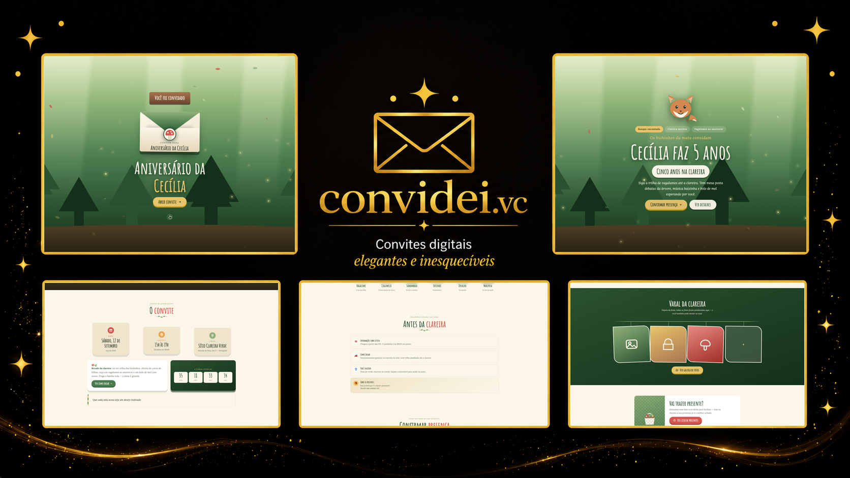 Telas do convite Bosque Encantado — envelope, convite, avisos e galeria
