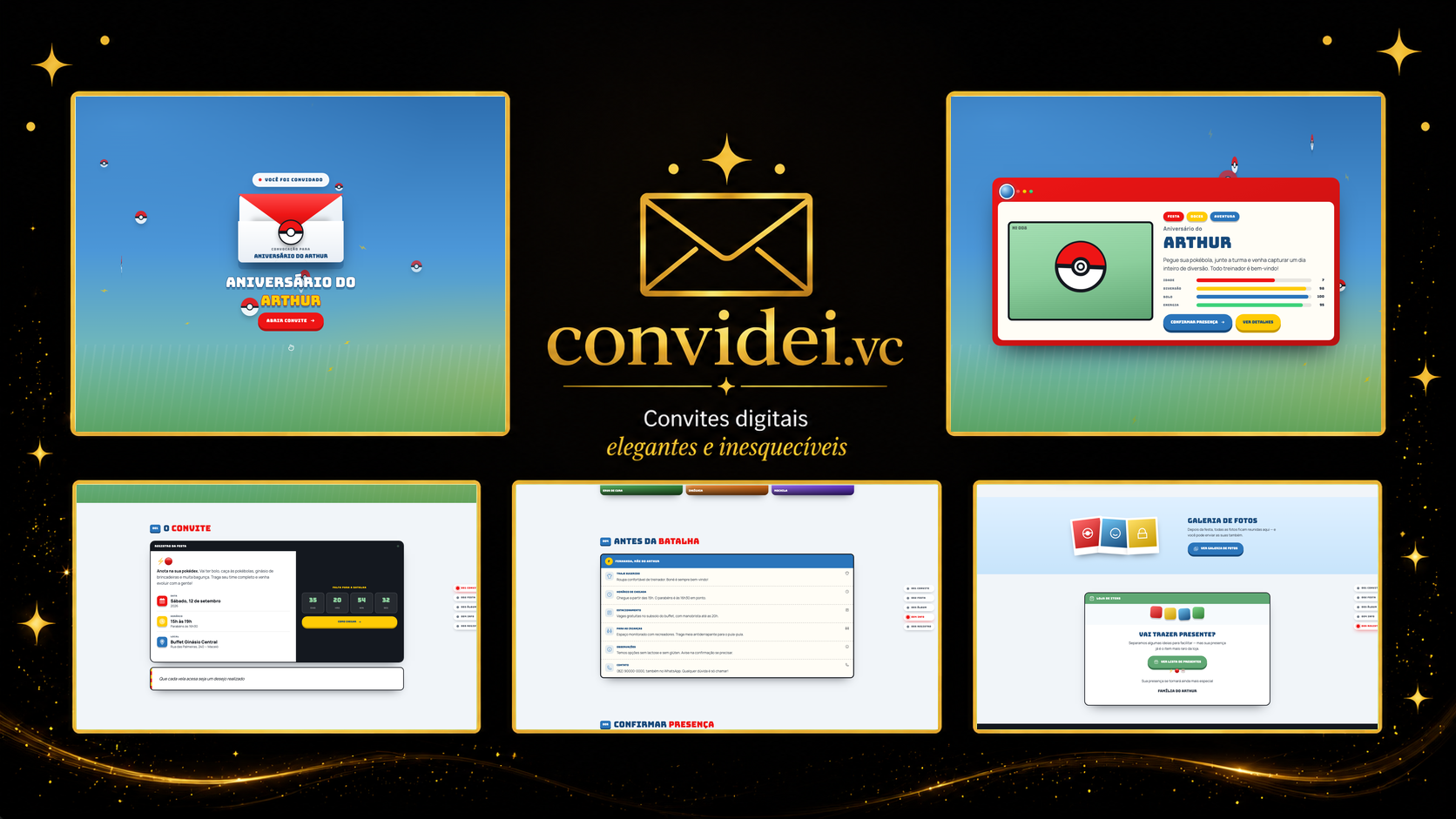 Telas do convite Caça aos Monstrinhos — envelope, convite, avisos e galeria