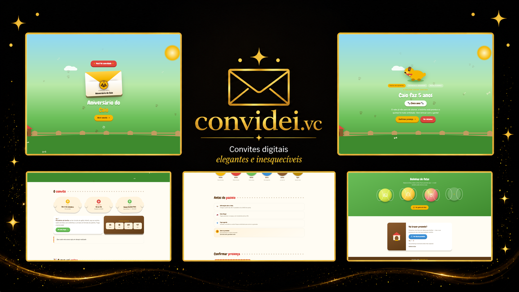 Telas do convite Cachorrinho Amarelo — envelope, convite, avisos e galeria