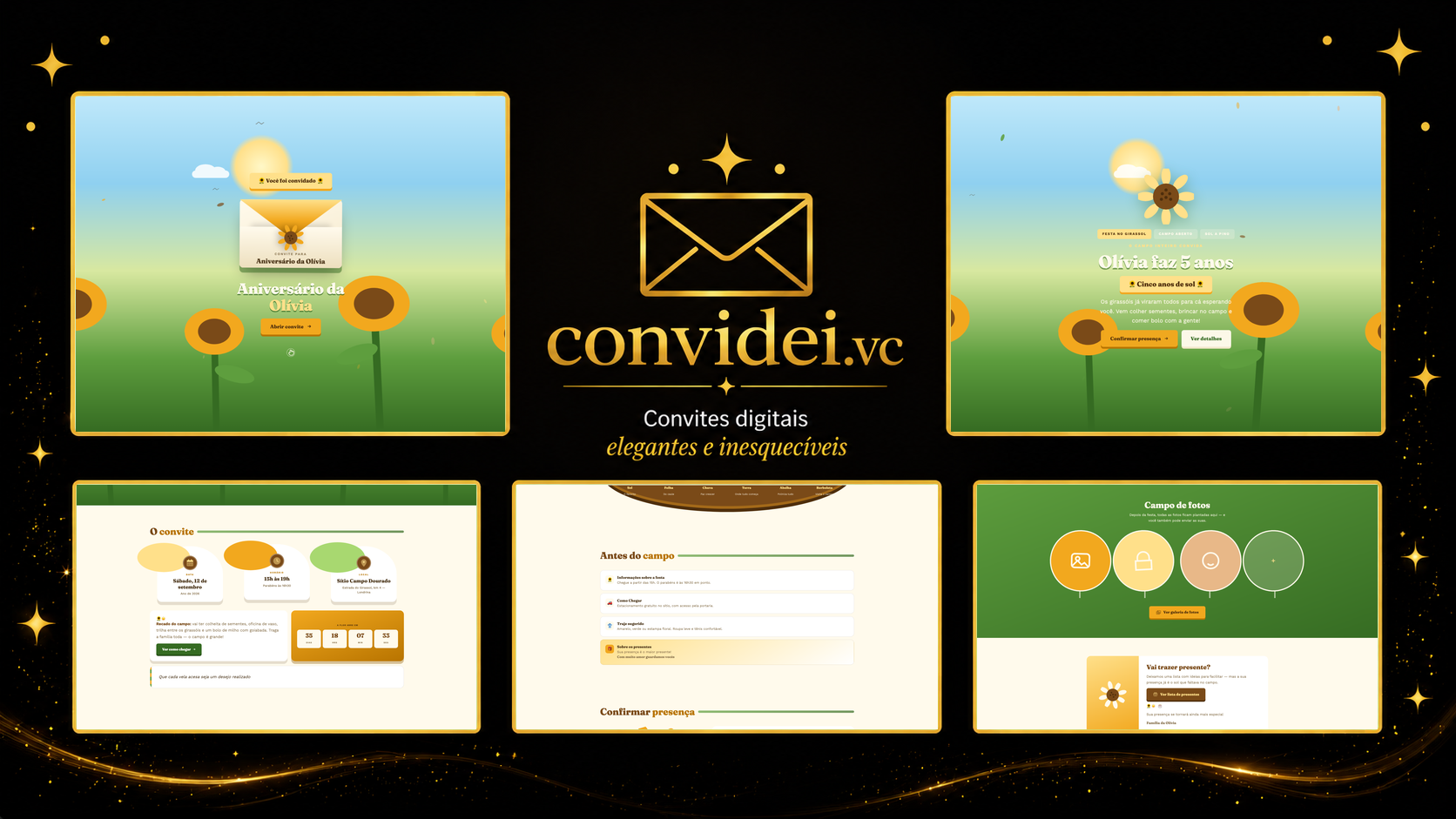 Telas do convite Campo de Girassóis — envelope, convite, avisos e galeria
