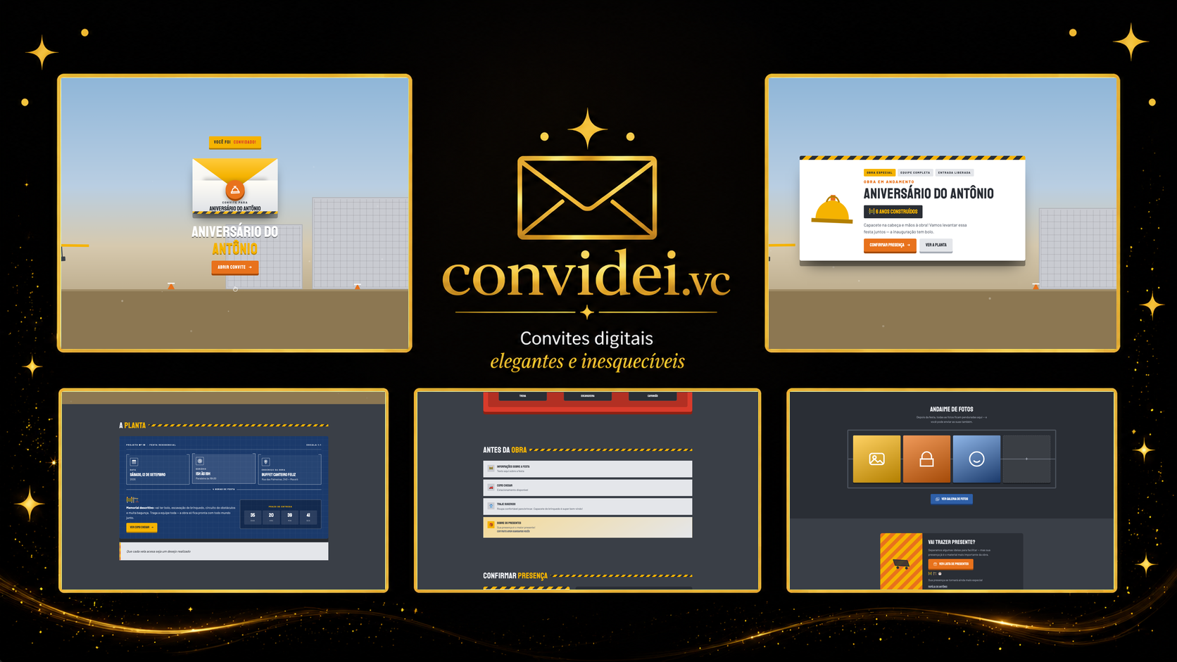 Telas do convite Canteiro de Obras — envelope, convite, avisos e galeria