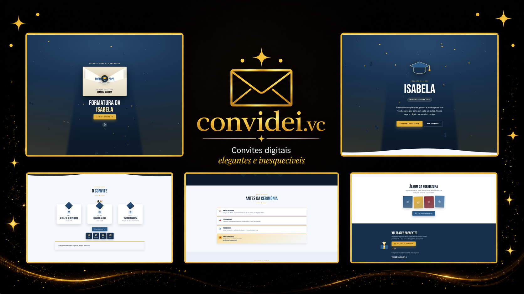 Telas do convite Capelos ao Alto — envelope, convite, avisos e galeria
