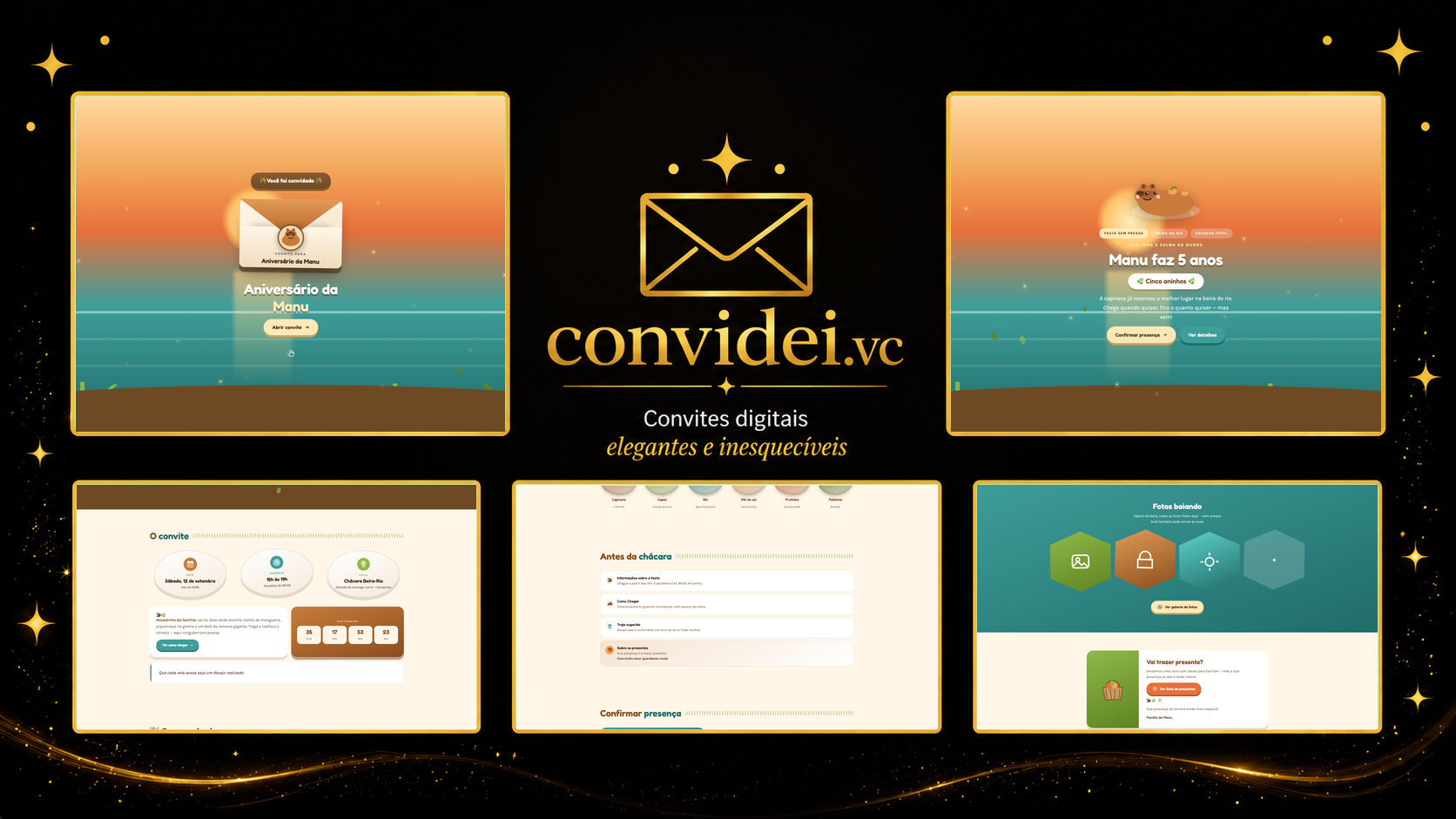 Telas do convite Capivara Tranquila — envelope, convite, avisos e galeria