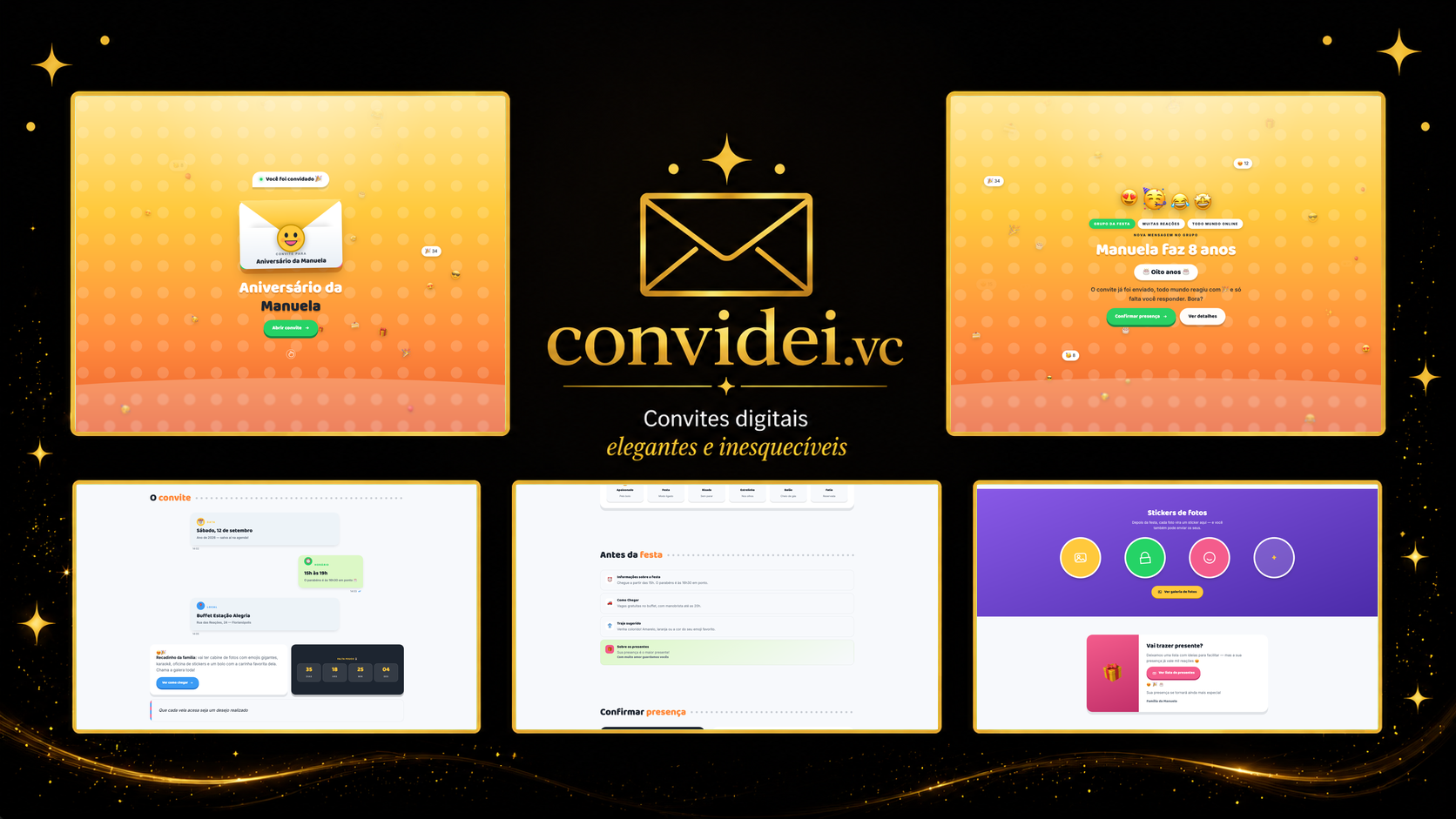 Telas do convite Carinhas e Reações — envelope, convite, avisos e galeria