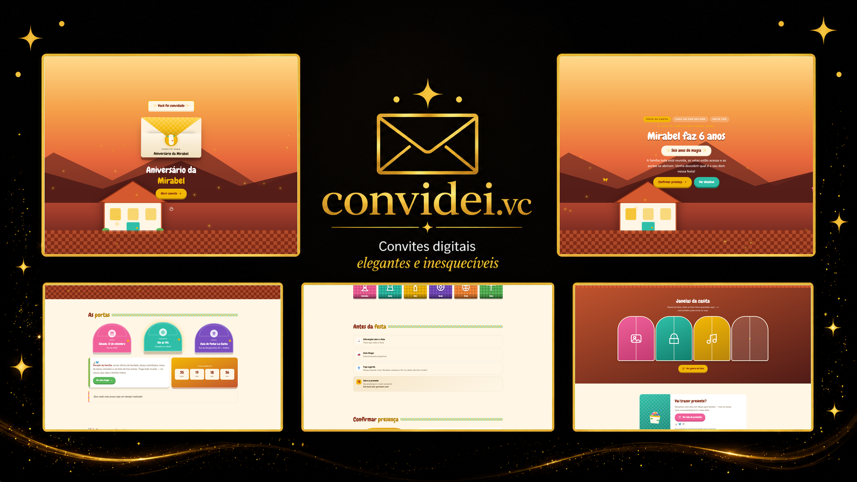 Telas do convite Casa Mágica das Flores — envelope, convite, avisos e galeria