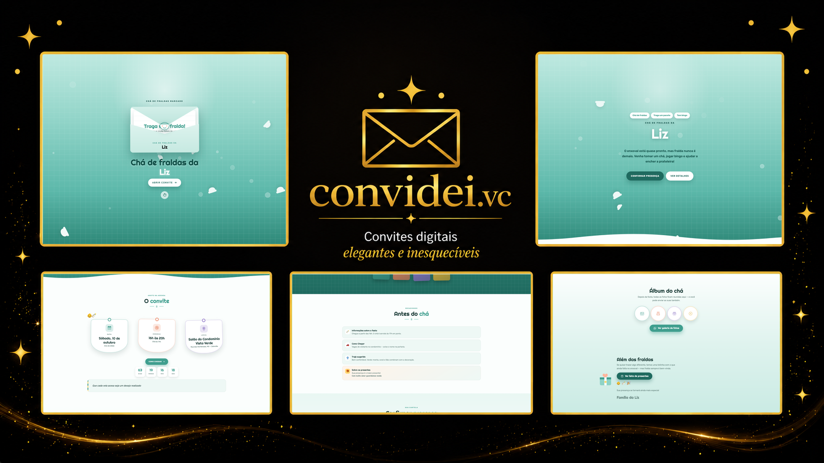Telas do convite Chá de Fraldas — envelope, convite, avisos e galeria