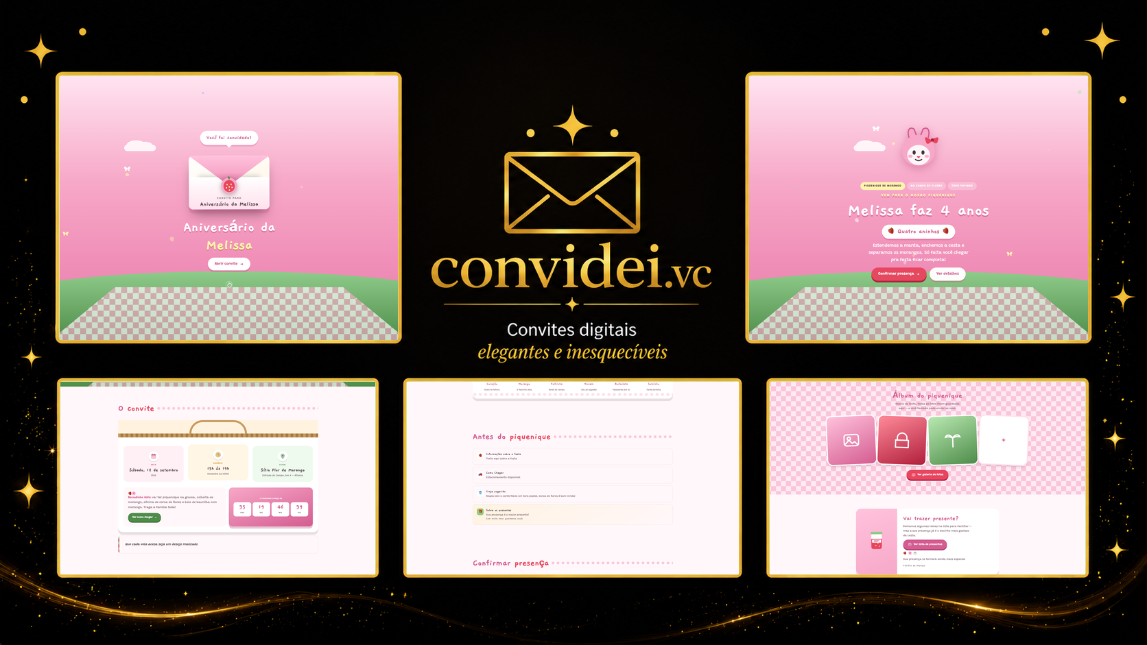 Telas do convite Coelhinha Kawaii — envelope, convite, avisos e galeria