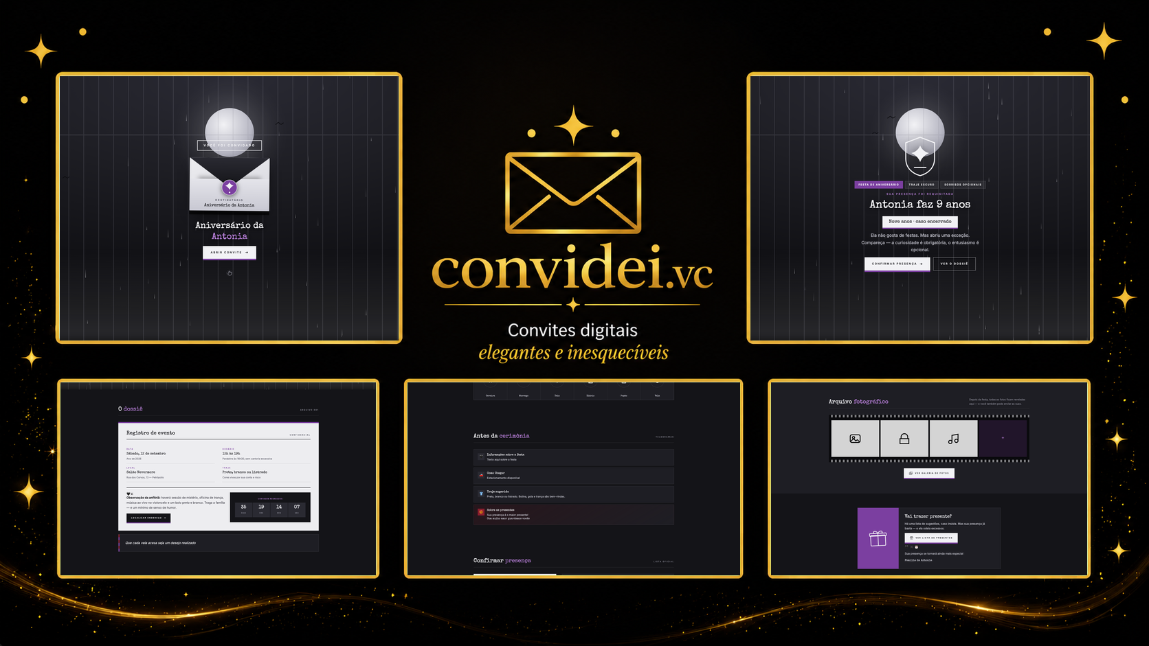 Telas do convite Colégio Sombrio — envelope, convite, avisos e galeria