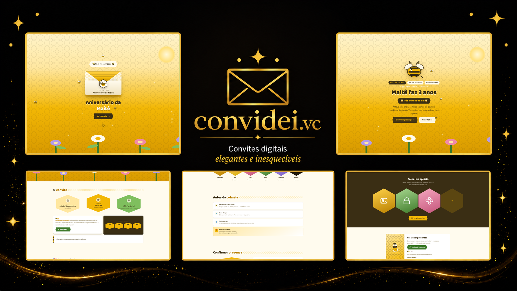 Telas do convite Colmeia das Abelhinhas — envelope, convite, avisos e galeria