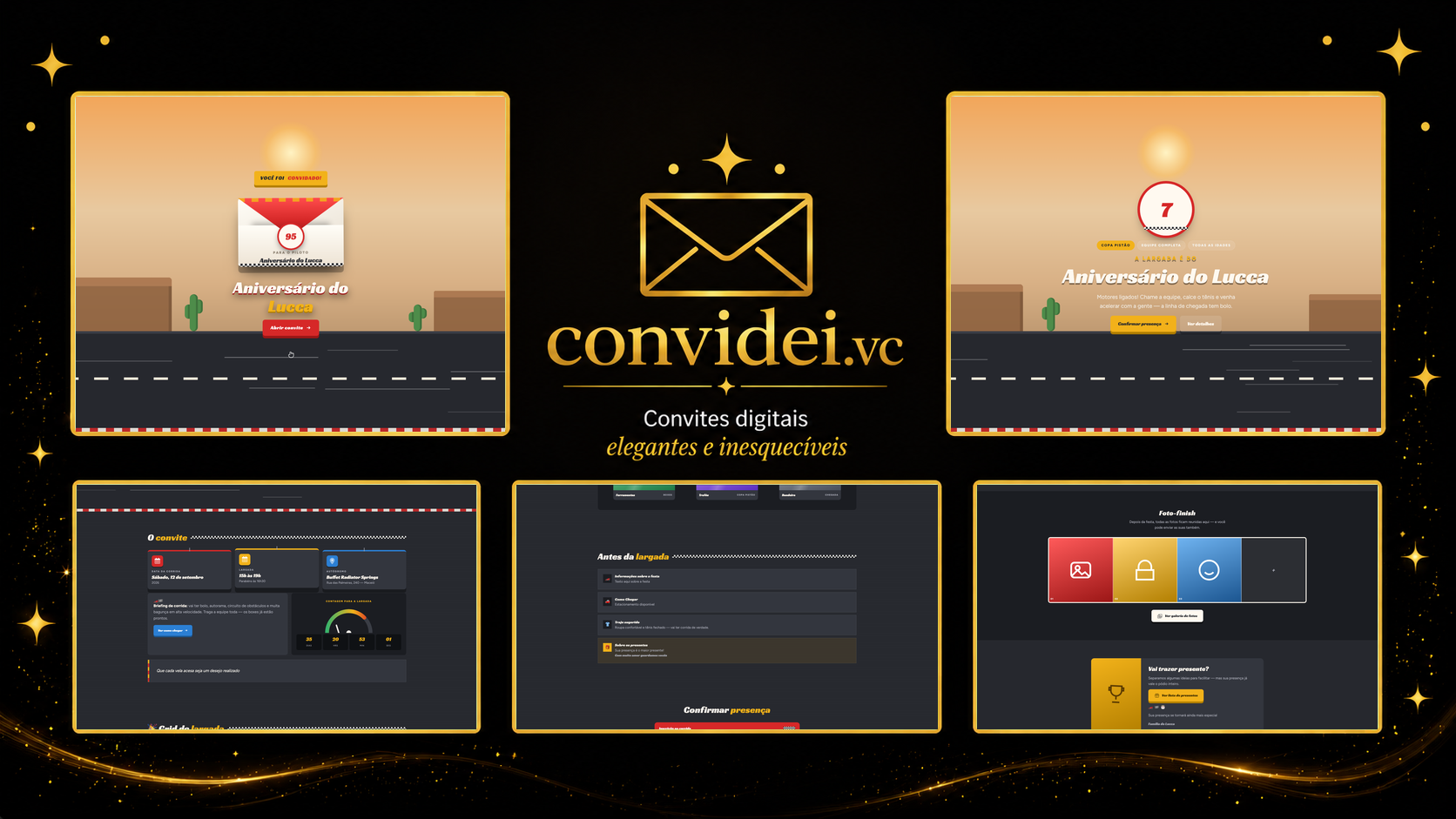 Telas do convite Corrida dos Carrinhos — envelope, convite, avisos e galeria