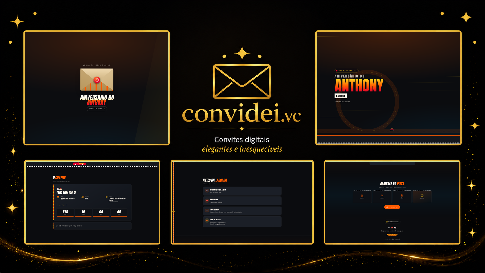 Telas do convite Corrida Turbo — envelope, convite, avisos e galeria