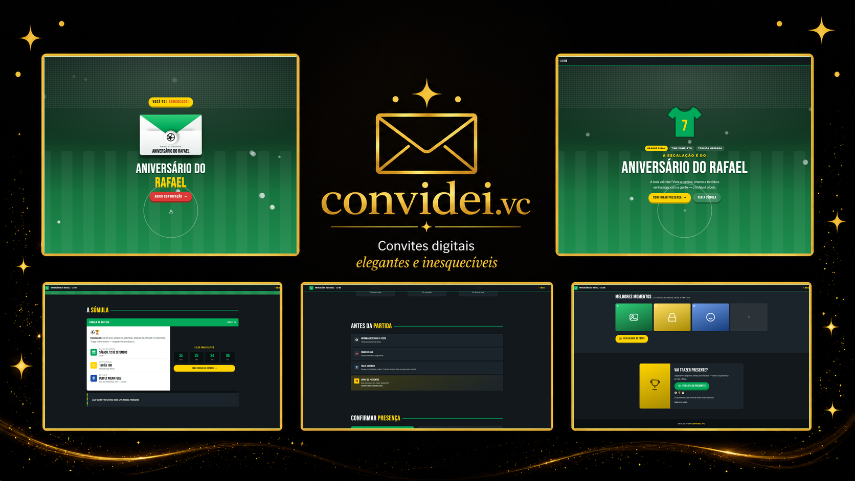 Telas do convite Craque da Bola — envelope, convite, avisos e galeria