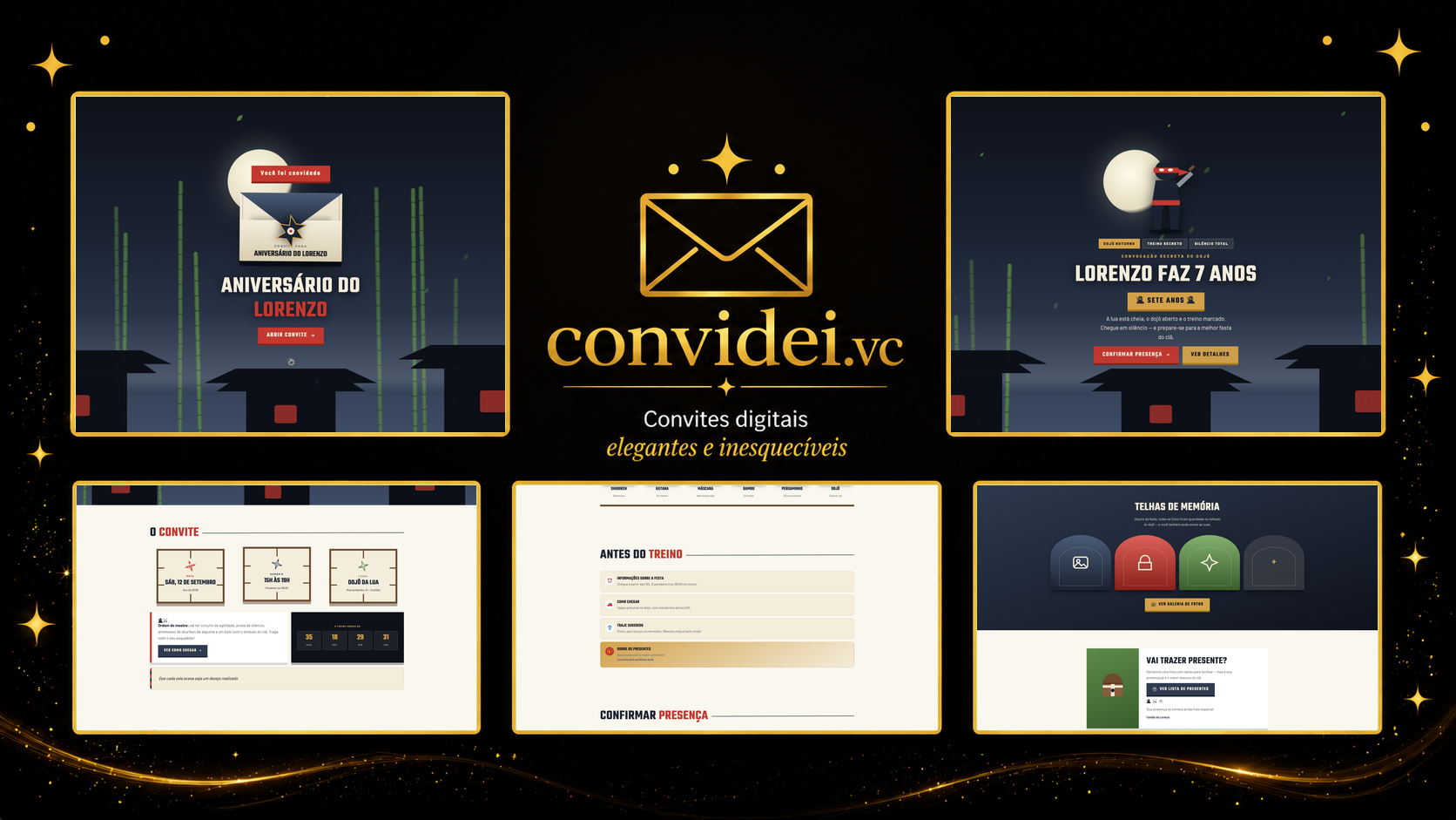 Telas do convite Dojô Ninja — envelope, convite, avisos e galeria