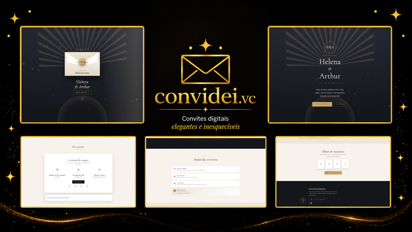 Telas do convite Elegância Dourada — envelope, convite, avisos e galeria