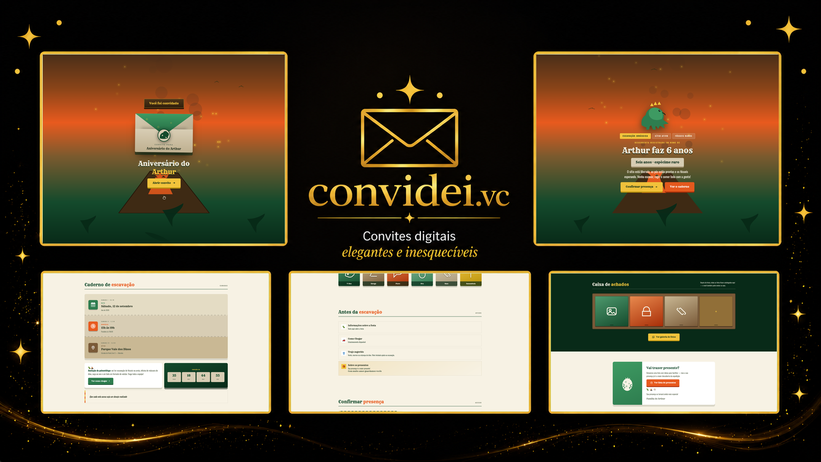 Telas do convite Era dos Dinossauros — envelope, convite, avisos e galeria