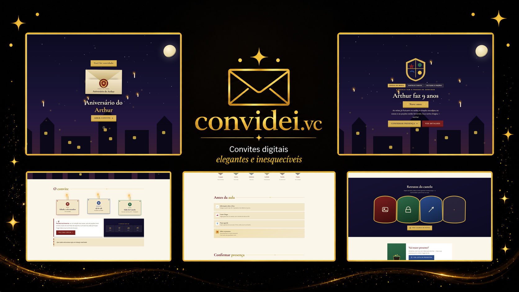 Telas do convite Escola de Magia — envelope, convite, avisos e galeria