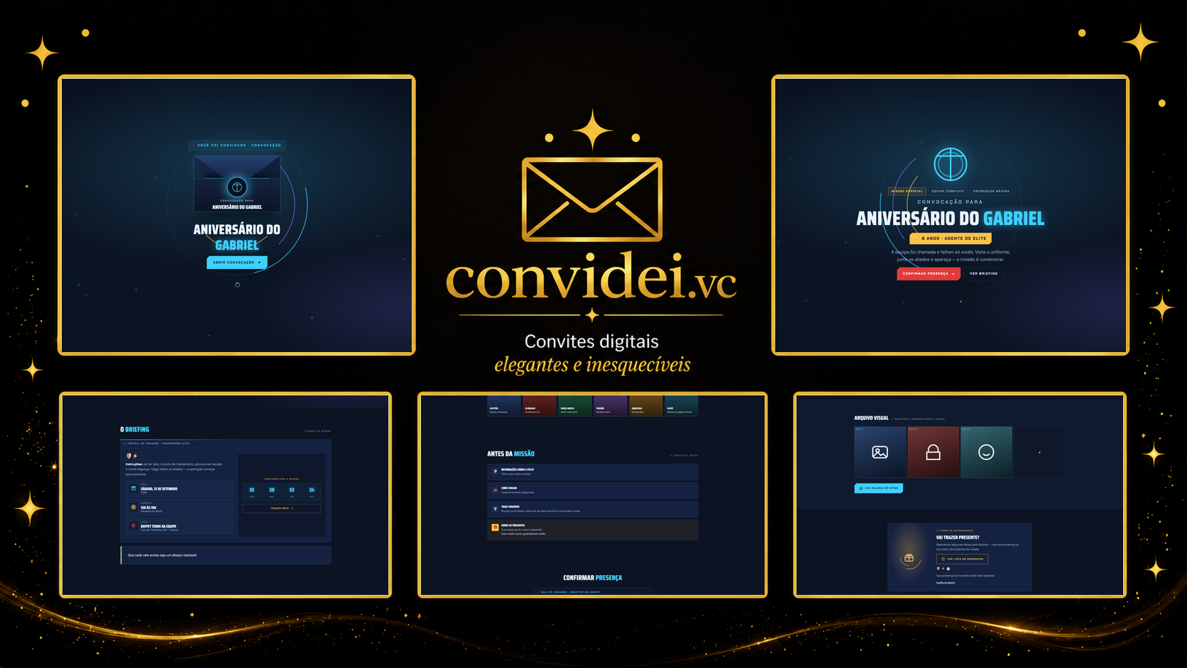 Telas do convite Esquadrão dos Heróis — envelope, convite, avisos e galeria