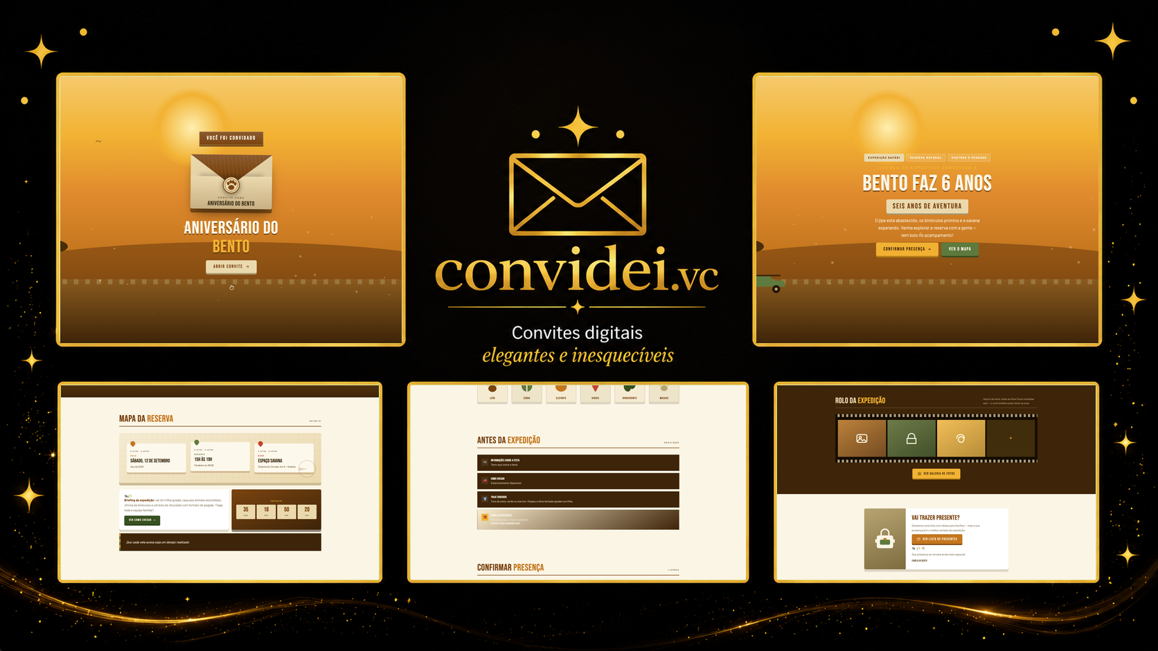 Telas do convite Expedição Safári — envelope, convite, avisos e galeria