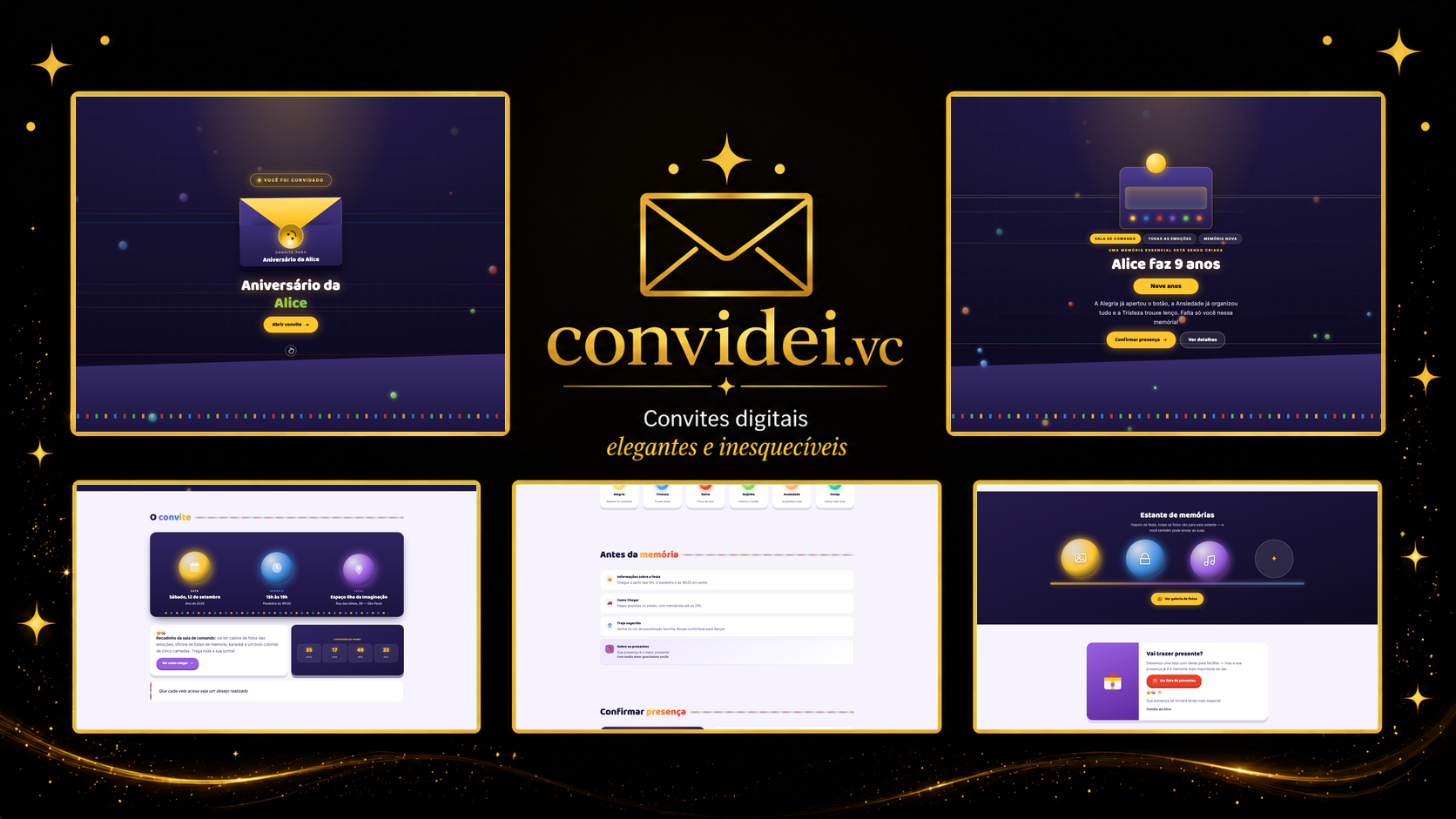 Telas do convite Fábrica das Emoções — envelope, convite, avisos e galeria