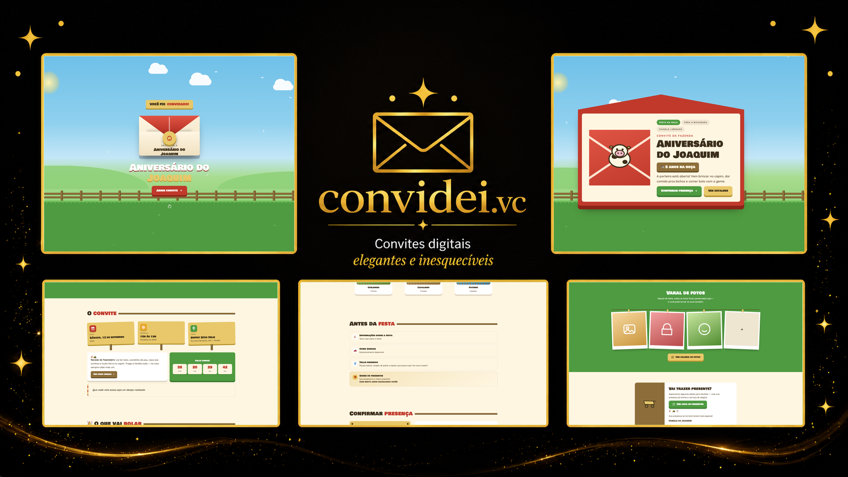 Telas do convite Fazendinha Feliz — envelope, convite, avisos e galeria