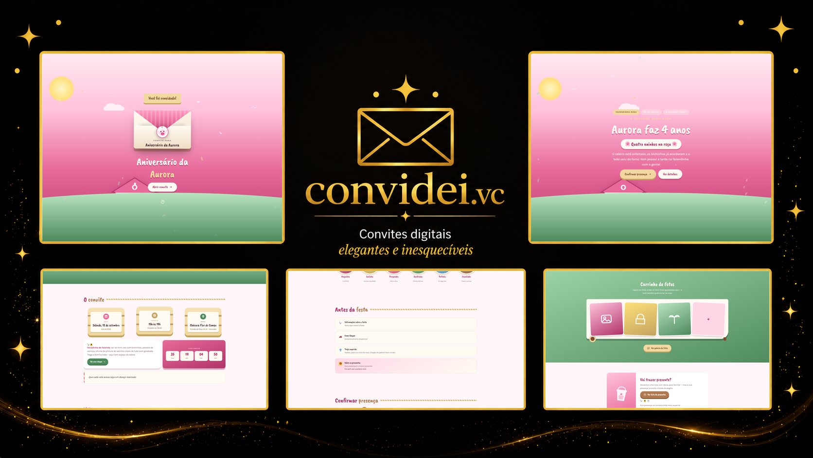 Telas do convite Fazendinha Rosa — envelope, convite, avisos e galeria