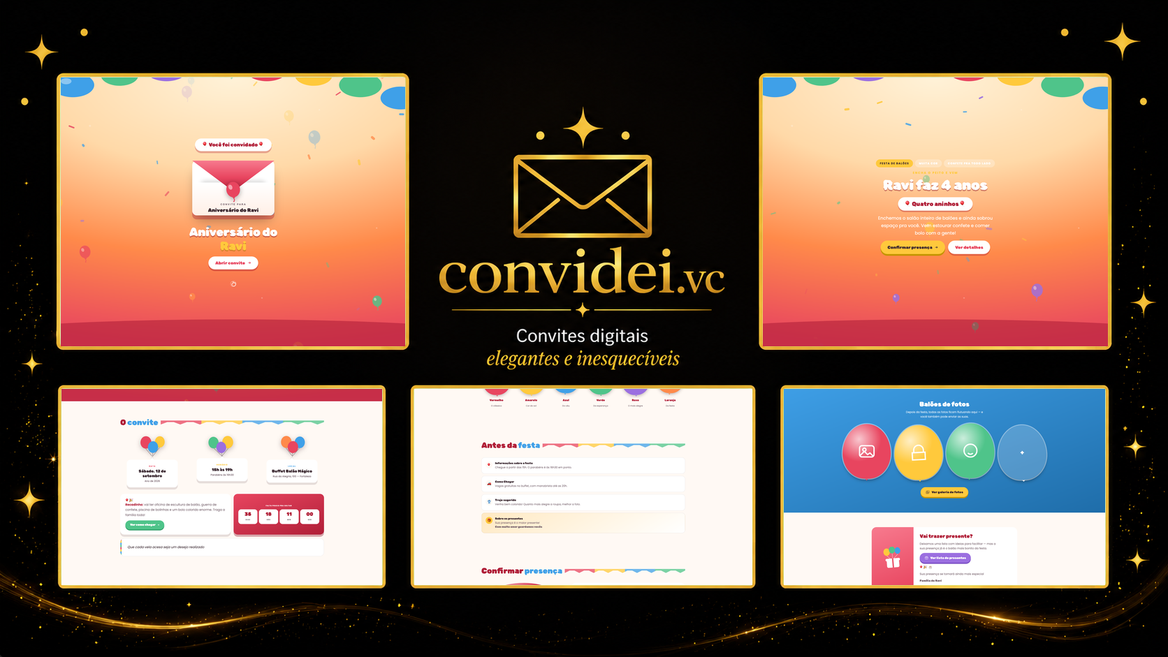 Telas do convite Festa de Balões — envelope, convite, avisos e galeria