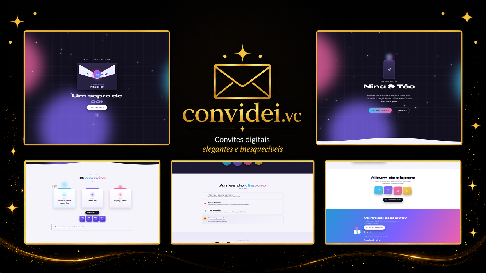 Telas do convite Fumaça Colorida — envelope, convite, avisos e galeria