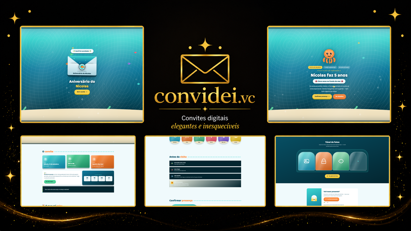 Telas do convite Fundo do Mar — envelope, convite, avisos e galeria