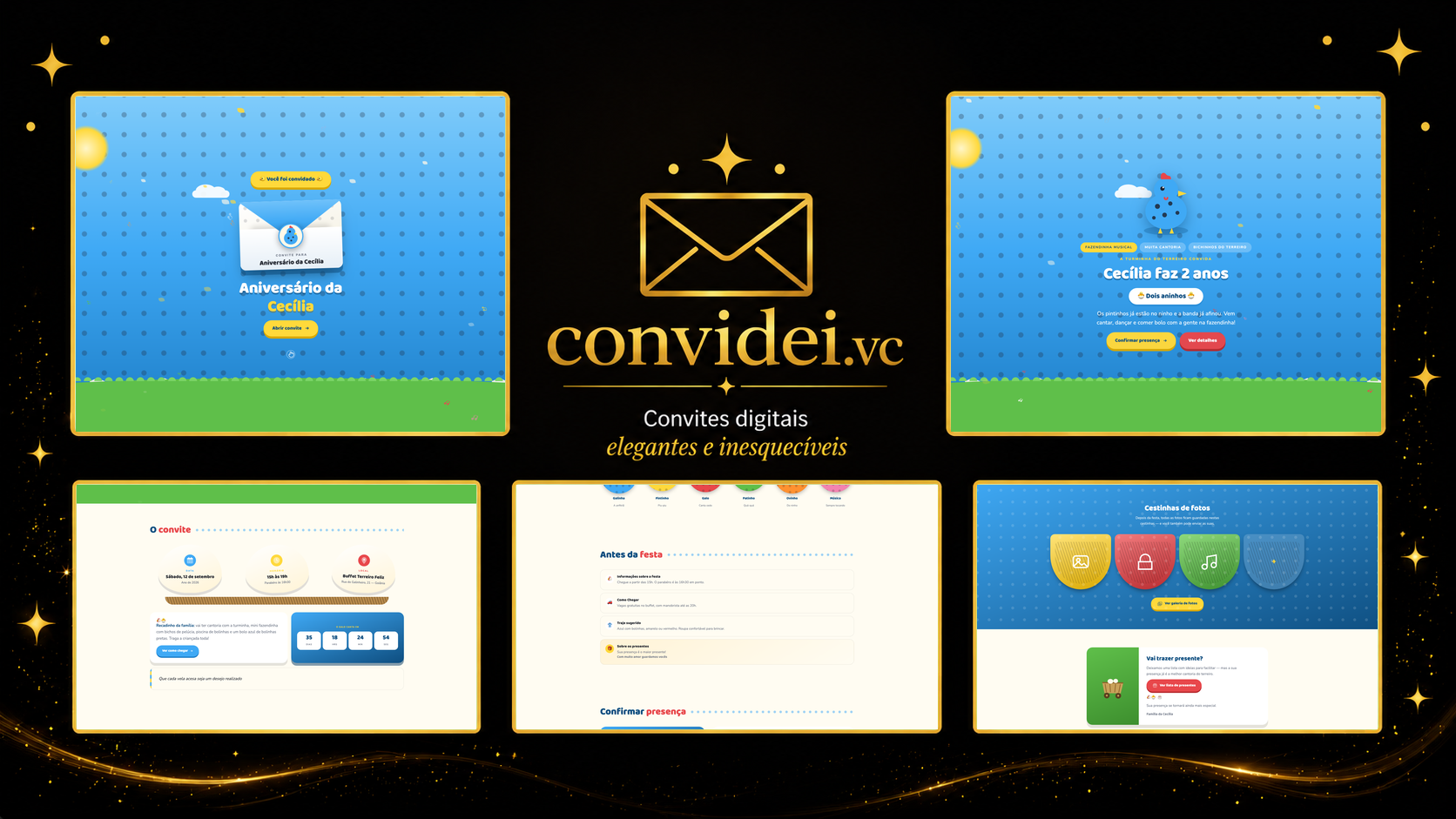 Telas do convite Galinha Musical — envelope, convite, avisos e galeria