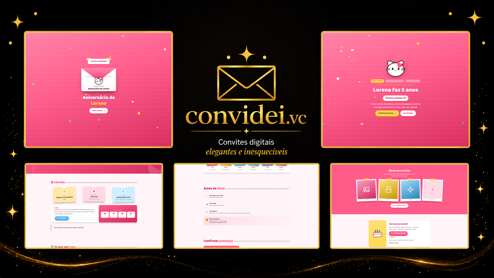 Telas do convite Gatinha Kawaii — envelope, convite, avisos e galeria