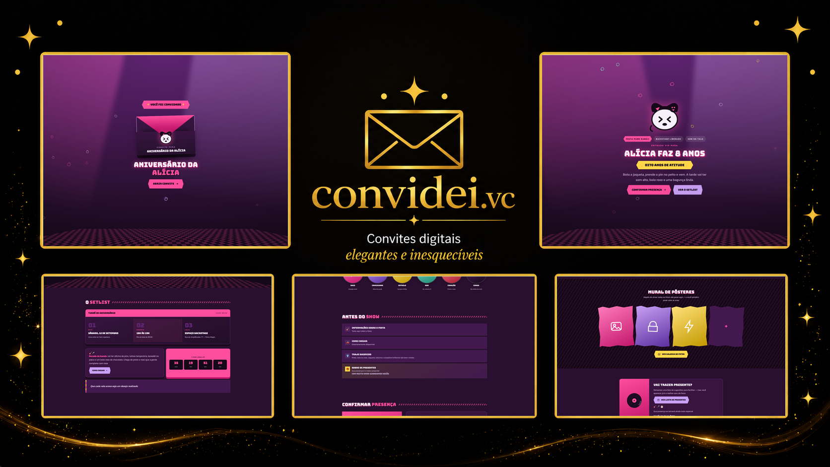 Telas do convite Gatinha Punk — envelope, convite, avisos e galeria