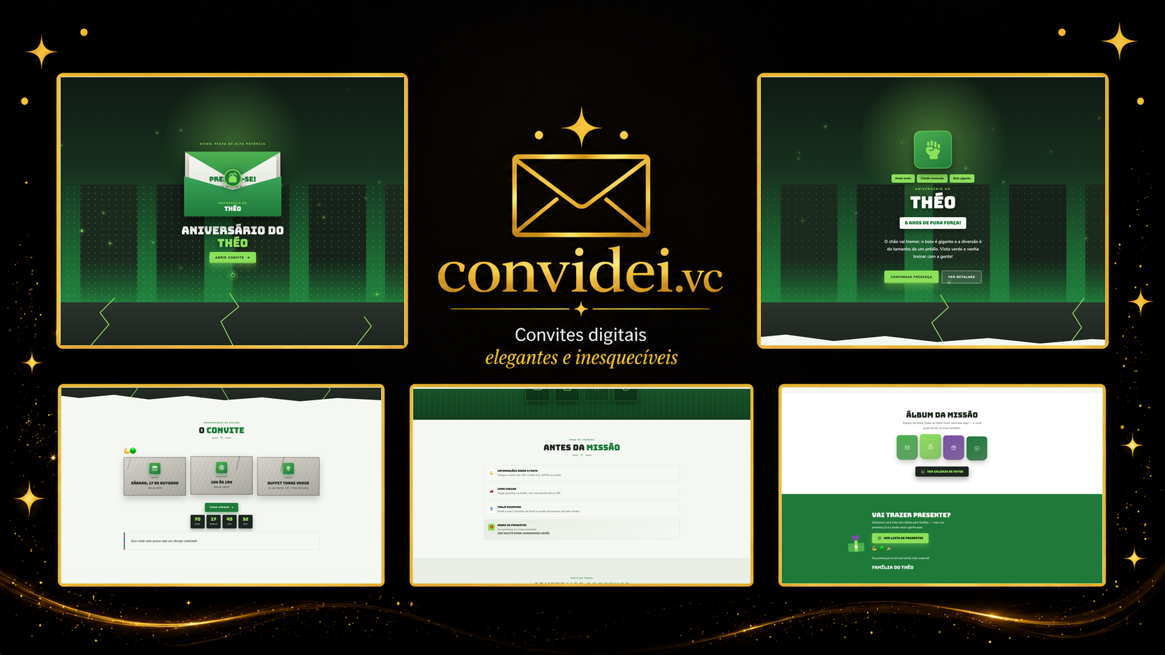 Telas do convite Gigante Verde — envelope, convite, avisos e galeria