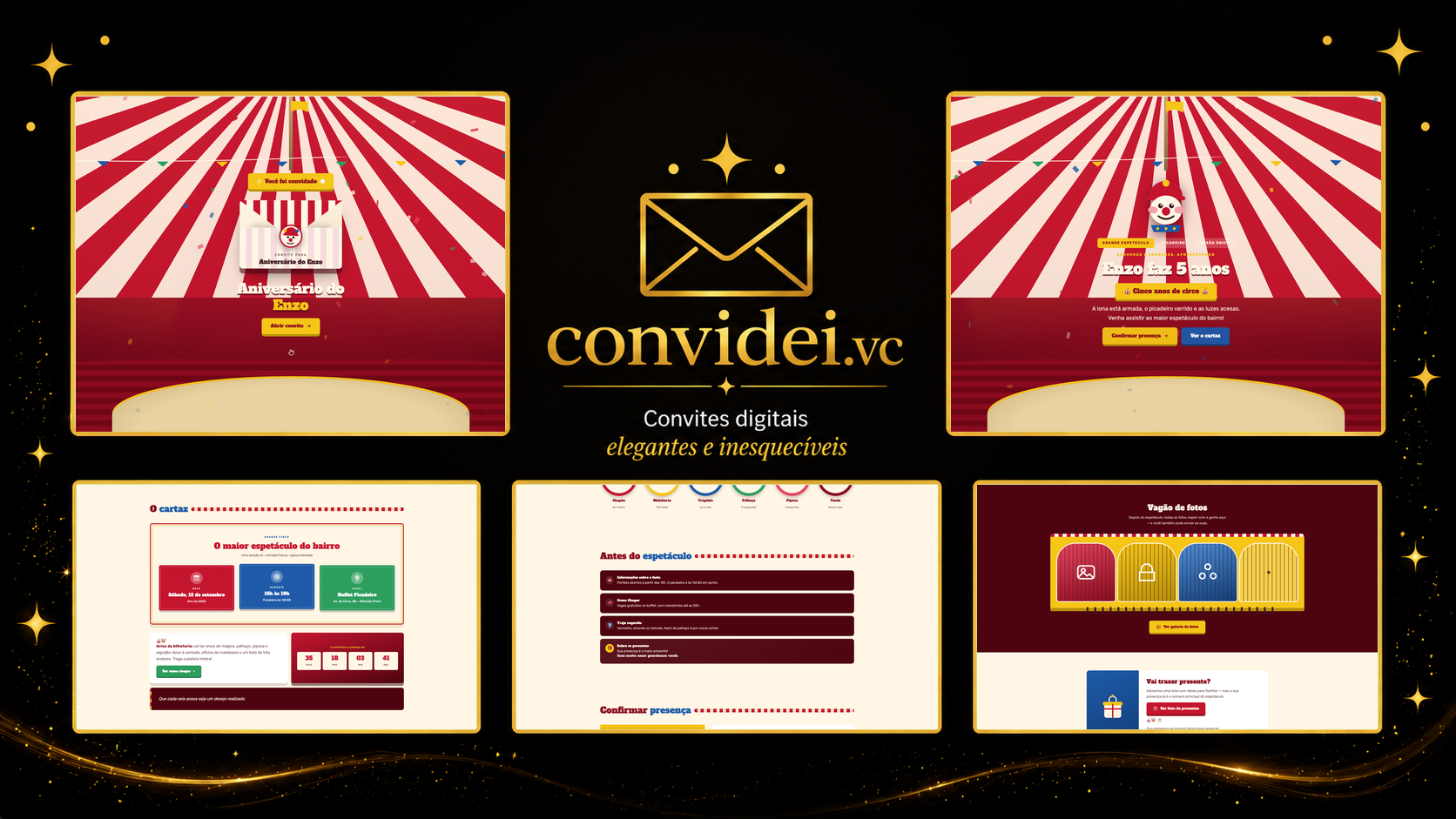 Telas do convite Grande Circo — envelope, convite, avisos e galeria