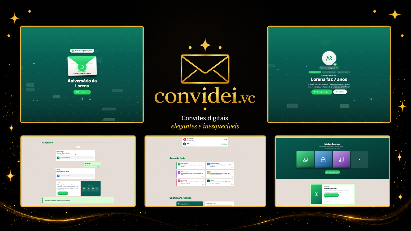 Telas do convite Grupo da Festa — envelope, convite, avisos e galeria