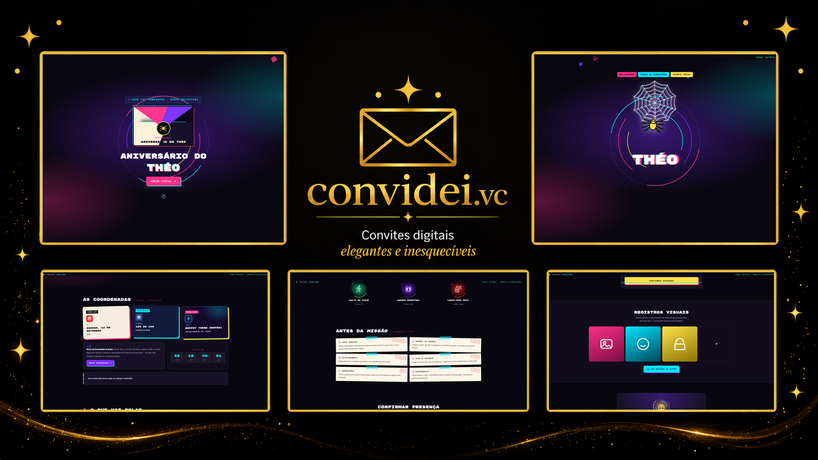Telas do convite Herói Aranha Multiverso — envelope, convite, avisos e galeria