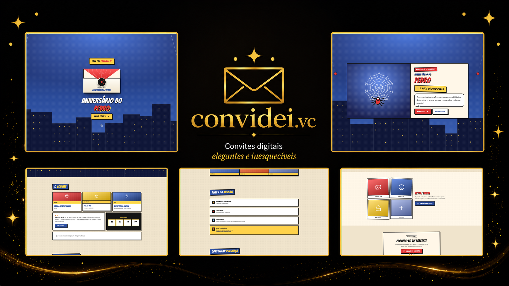 Telas do convite Herói Aranha — envelope, convite, avisos e galeria