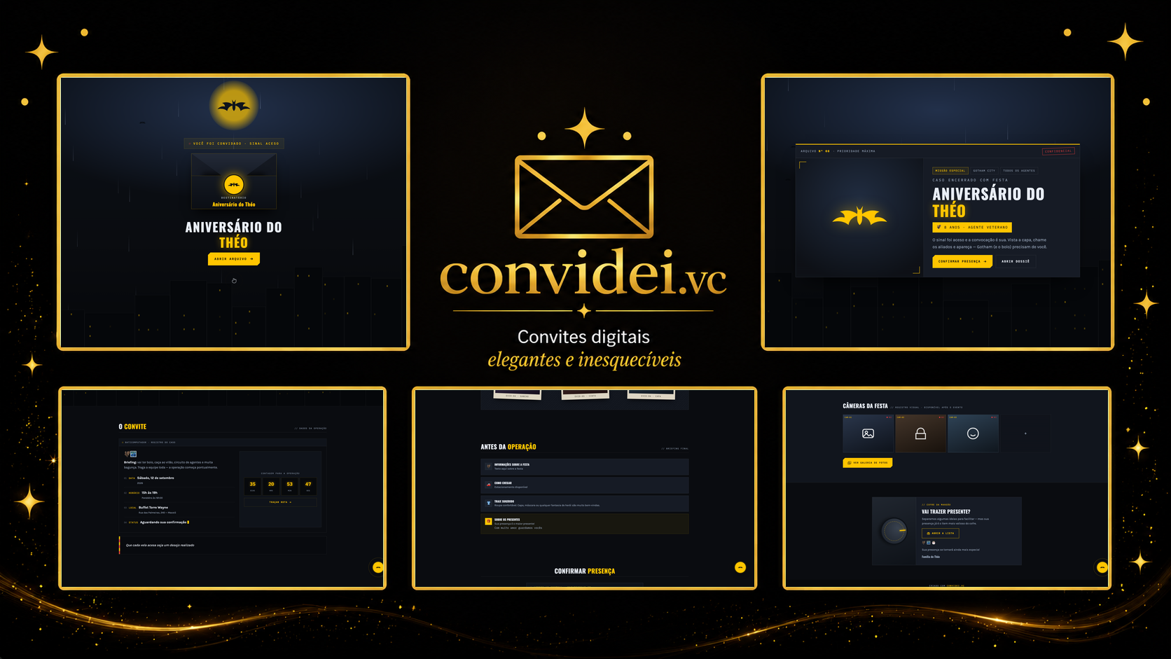 Telas do convite Herói da Noite — envelope, convite, avisos e galeria