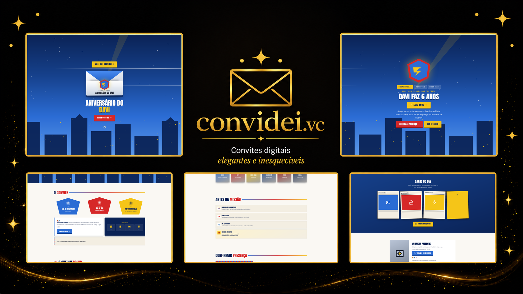 Telas do convite Herói do Manto — envelope, convite, avisos e galeria